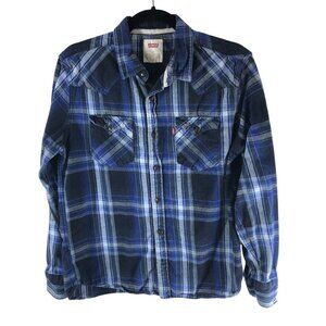Levis Mens Flannel Shirt Button Up Long Sleeve Cotton Plaid Western Blue M